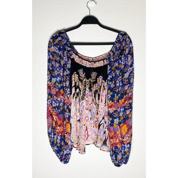 Free People Women's Colorful Bohemian Peasant Top Blouse Puff Sleeves Sheer Boho - Picture 1 of 6